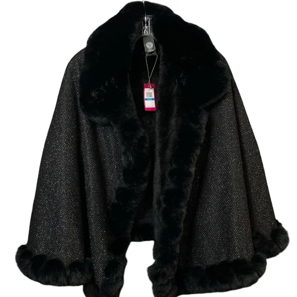 NWT VINCE CAMUTO Whip Stitched Black Faux Fur Trimmed Cape - Picture 5 of 7